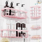 YASONIC Shower Caddy Adhesive 5-Pack, Rustproof Shower Organizer with Holder, No Drilling Shower Shelves for Inside Shower, Large Capacity Bathroom Organizers and Storage for Home & Renters, Pink
