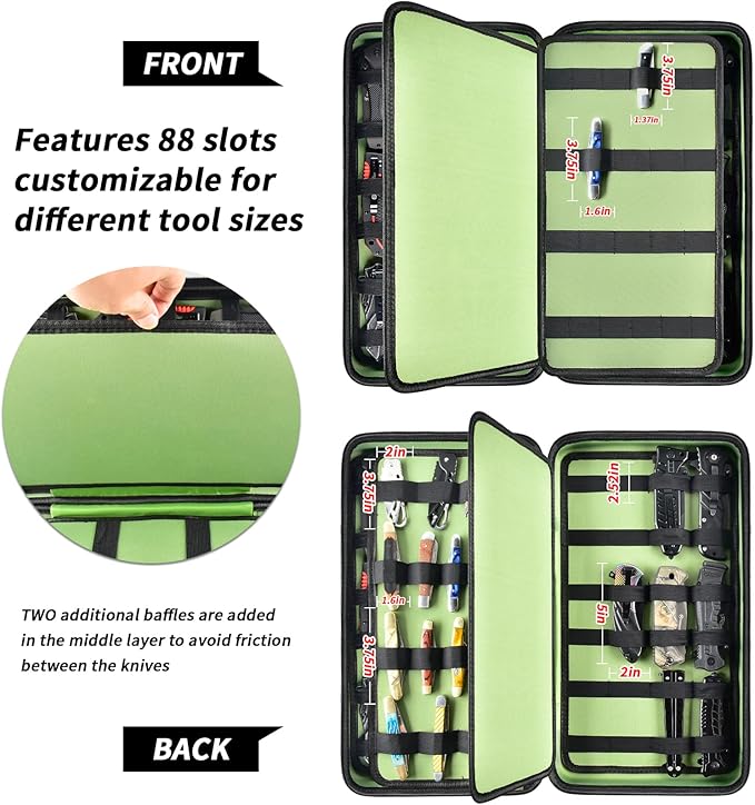 GWCASE Display Case for 66+ Pocket Knives. Folding Holder, Butterfly Storage Organizer, Roll Collection Pouch Carrier Bag for Survival Tactical Outdoor for EDC Mini Knife -Green