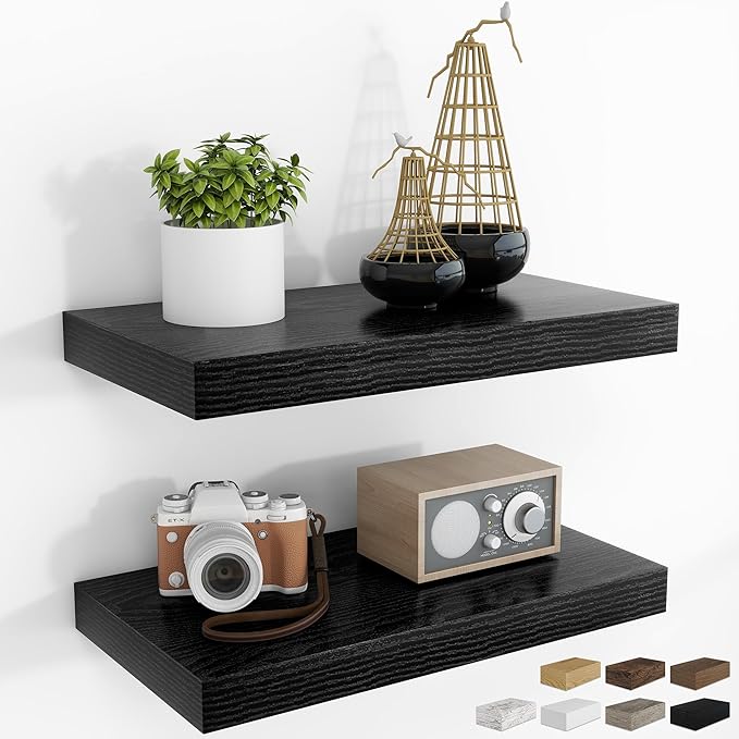 RICHFOCUS 16Inch Floating Shelves for Wall 2 Pack Shelves for Bedroom|Kitchen|Bathroom Wall Mounted Rustic Wood Floating Shelf with Invisible Brackets for Books|Storage|Decor, Black