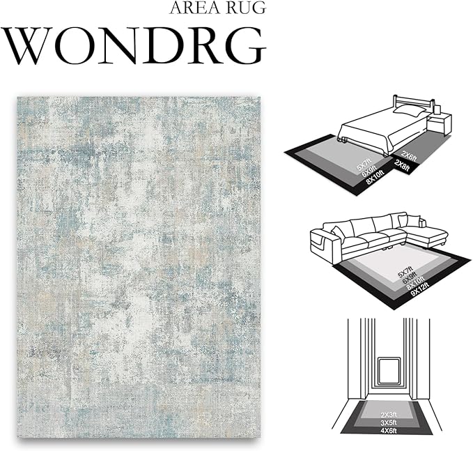 4x5 Washable Area Rug Blue Cream Abstract Entryway Office Throw Rug Neutral Modern Non Slip Soft Low Pile Lightweight Carpet for Kitchen Living Room Bedroom Entrance