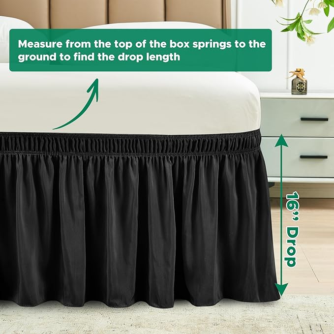 Biscaynebay Wrap Around Bed Skirts for Queen Beds 16" Drop, Black Adjustable Elastic Dust Ruffles Easy Fit Wrinkle & Fade Resistant Silky Luxurious Fabric Solid Machine Washable
