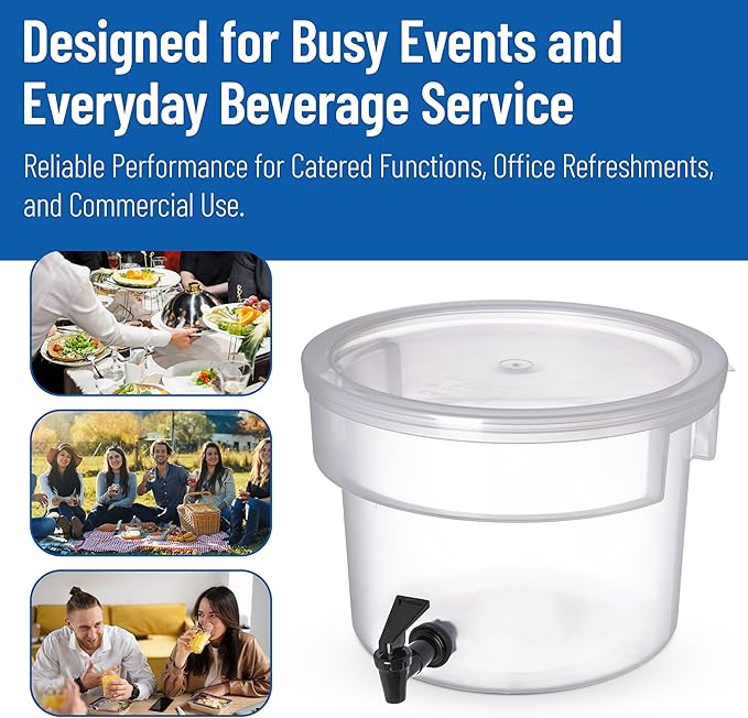 Carlisle FoodService Products Round Beverage Dispenser Drink Dispenser with Spigot for Catering, Plastic, 3 Gallons, Clear