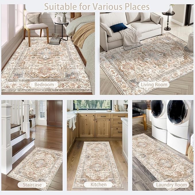Enkor Runner Rugs for Hallway, 2.6x10.5 Washable Soft Non Slip Floor Rugs for Kitchen, Modern Mat for Living Room Bedroom Entryway Beige & Brown