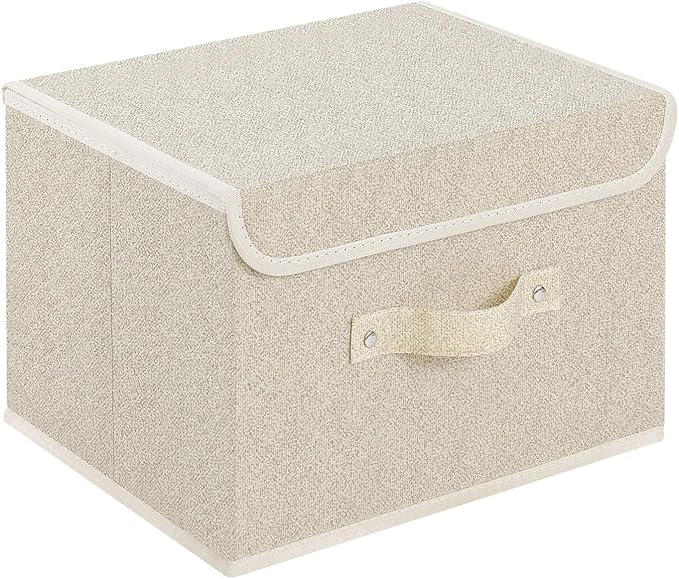 Storage Boxes, Collapsible Storage Bins with Lids, Cotton and linen cloth Storage Baskets with Handle, for Books, Closet, Bedroom, Home, 10.2x7.9x6.7 in, Grey and Beige