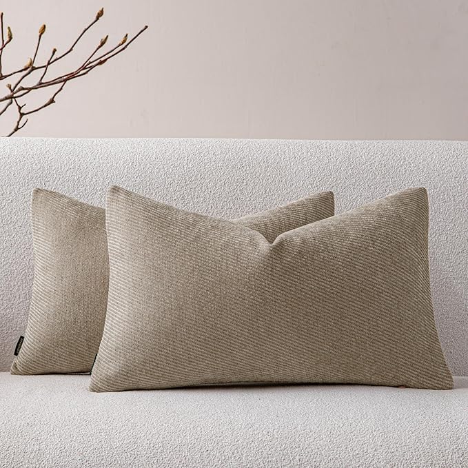 a moment Pack of 2 Decorative Chenille Throw Pillow Covers with Twill Cushion Covers for Sofa Living Room Couch Bed 12x20 Inch Light Brown