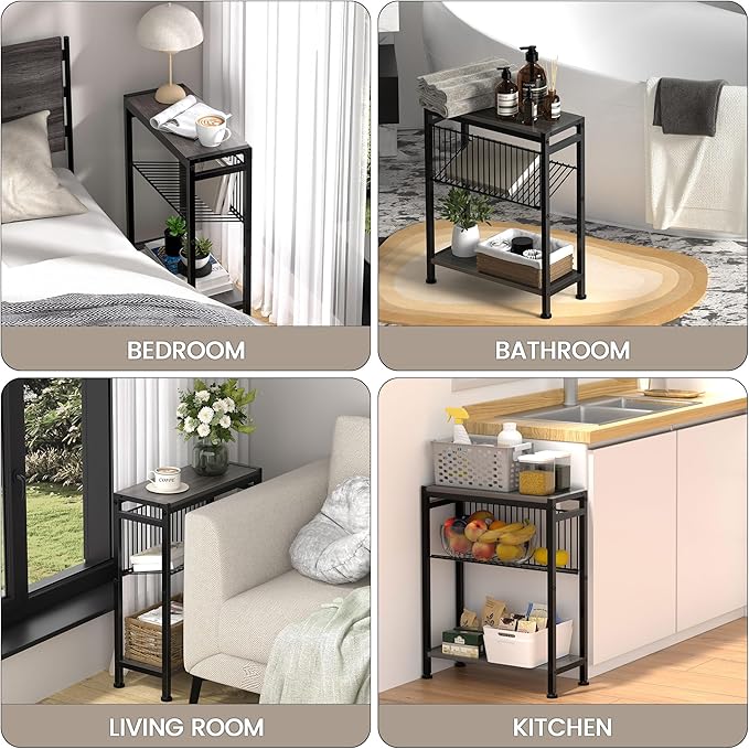 End Table Set of 2 for Small Space, 3-Tier Narrow Side Table with Magazine Holder,Slim Nightstand, Skinny Snack Couch Table in Living Room, Bedroom Study and Balcony (Grey)