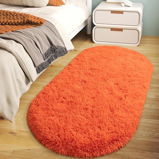 Soft Fluffy Area Rug for Bedroom, Orange Fuzzy Shaggy Oval Throw Rugs for Bedside, Non-Slip Cozy Plush Shag Carpet for Girls Kids Room Nursery Dorm Living Room, 2.6 x 5.3 Feet