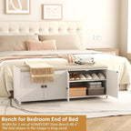 HOMEFORT 48.4" Shoe Storage Bench with Cushion, Entryway Bench with Paddded Seat, 2-Tier Shoe Cabinet Bench with Adjustable Shelves and 4 Doors, Wooden End of Bed Bench, for Bedroom, Hallway, White