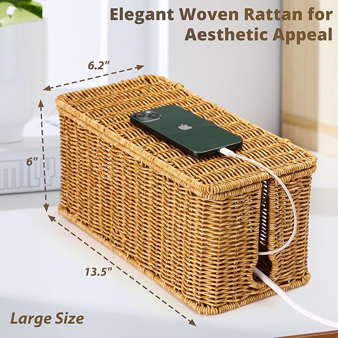 Large Cable Management Box, Handwoven Imitation Rattan Cord Organizer Cord Hider Box, Desk Cord Management Box to Hide Cords and Power Strips, 13.5" L x 6.2" W x 6" H, Natural