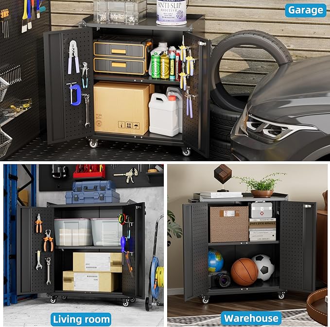 SUXXAN Storage Cabinet with Wheels and Pegboard, Rolling Garage Storage Cabinet