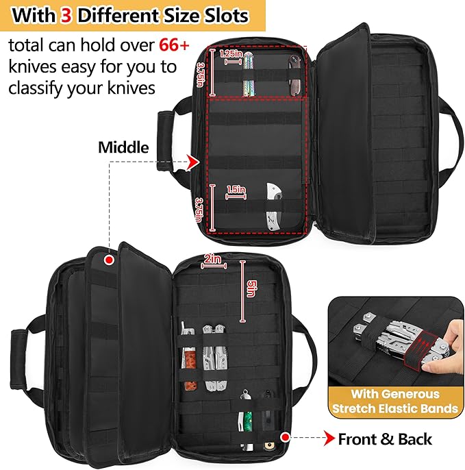 samdew Knife Display Bag for 74+ Pocket Knives, Butterfly Knife Storage Case with 3 Different Size Slots, Folding Knife Organizer Holder, Knife Collection Box with Hard PE Board, Soft Bag Only