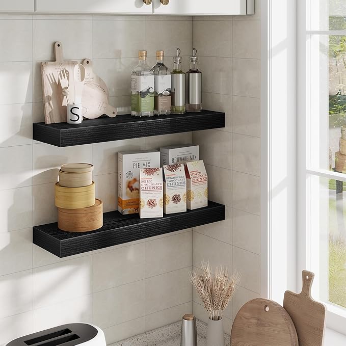 Fun Memories Floating Shelves Set of 2, 24 Inch Floating Shelves for Wall, Wood Wall Shelves with Invisible Brackets, for Bathroom, Bedroom, Living Room, Kitchen, Black
