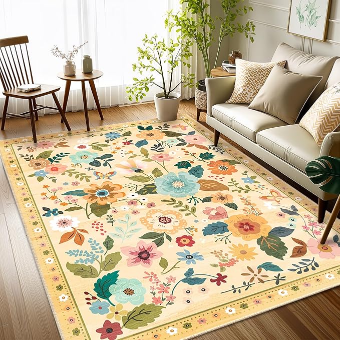 Floral 3x5 Area Rug Machine Washable Soft Print Boho Carpet Non Slip Doormat Low Pile Flower Area Rugs for Living Room Bedroom Nursery Kitchen Dining Room Indoor-Ivory/Yellow