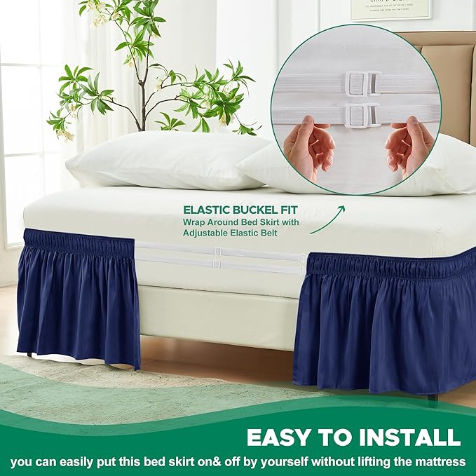 Biscaynebay Wrap Around Bed Skirts for Queen Beds 14" Drop, Navy Adjustable Elastic Dust Ruffles Easy Fit Wrinkle & Fade Resistant Silky Luxurious Fabric Solid Machine Washable