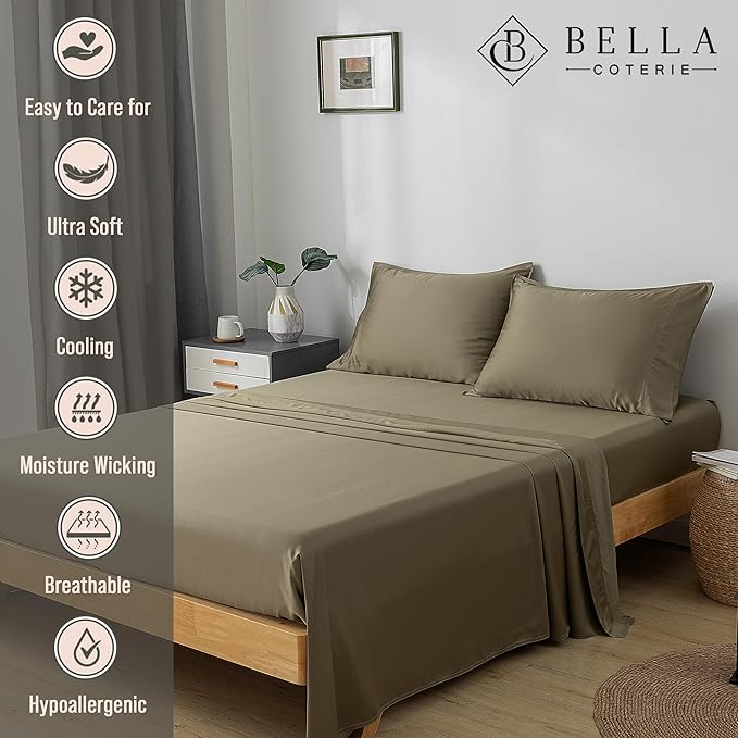 Bella Coterie Luxury Bamboo Viscose 34” Split Top King Size Sheet Set | 1 Fitted Sheet for Sleep Number & Adjustable Beds | 100% Organically Grown | Cooling & Soft | 18” Deep Pocket [Olive]