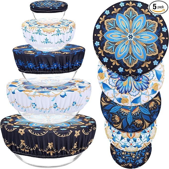 5 Pieces Bowl Covers Reusable, 5 Size Elastic Cloth Bowl Covers for Bread Proofing Stretch Food Covers Washable for Food Fruits Leftover (Lozenge Floral)