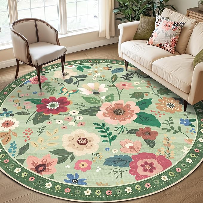 Floral 8ft Area Rug Machine Washable Soft Print Boho Carpet Non Slip Doormat Low Pile Flower Area Rugs for Living Room Bedroom Nursery Kitchen Dining Room Indoor-Light Green