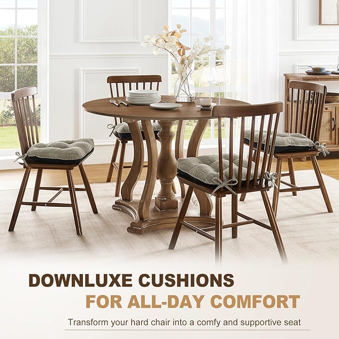 downluxe Indoor Chair Cushions for Dining Chairs, Tufted Overstuffed Textured Foam Kitchen Chair Pads with Ties and Non-Slip Backing, 15.5" x 15.5" x 4", Khaki, 6 Pack