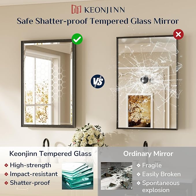 Keonjinn 60" x 36" Oversize Black Bathroom Vanity Mirror, Safe Beveled Tempered Glass, Decorative Aluminum Alloy Frame, Rustproof, Black Bathroom Mirrors for Over Sink, Modern Rectangle Wall Mirror