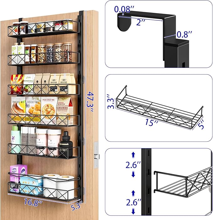 MIAOLI Over the Door Organizer, Black 6-Tier Pantry Door Organizer with Adjustable Basket, Hanging Spice Rack Cabinet Door Shelves, Laundry Room Organization and Storage