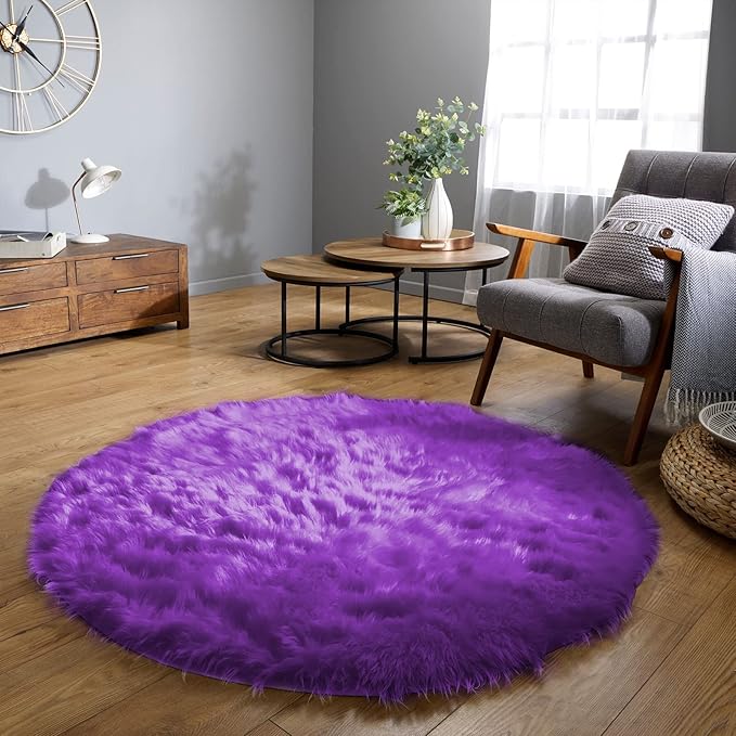 Latepis Round Fluffy Rug 5ft Purple Circle Rugs for Living Room Faux Sheepskin Furry Fur Rugs for Bedroom Boho Washable Room Rug Teen Room Décor