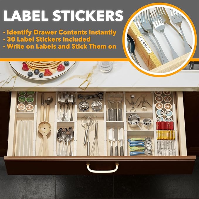 SpaceAid Bamboo Drawer Dividers with Inserts and Labels, Kitchen Adjustable Drawer Organizers, Expandable Organization for Home, Office, Dressers, 7 Dividers with 15 Inserts (17"-22" White)