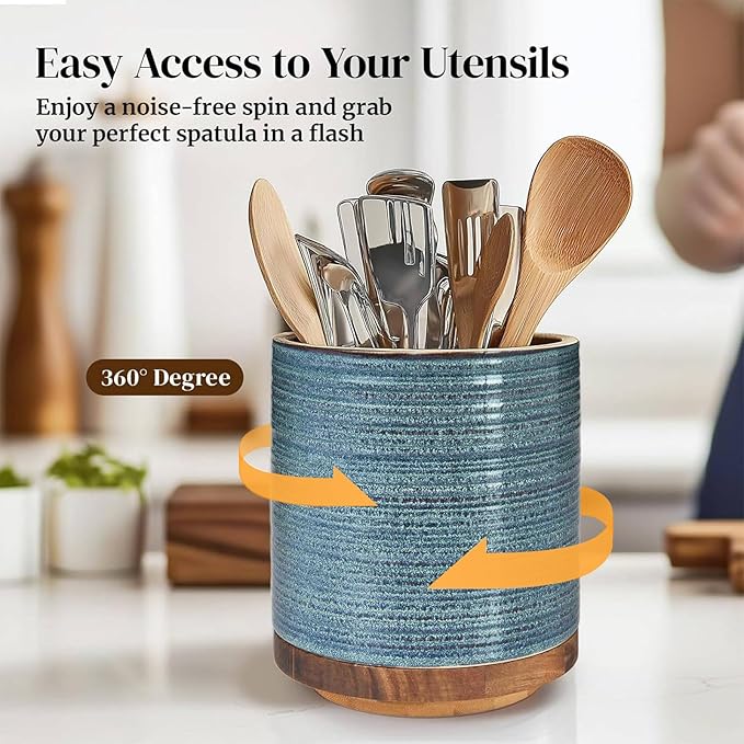 DOWAN 360° Rotating Extra Large Cooking Utensil Holder, 7.6" Kitchen Utensil Holder for Countertop, Utensil Crock for Farmhouse Kitchen Decor, Ceramic Stable Utensil Caddy, Blue