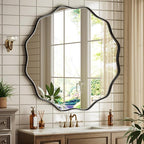Round Wavy Mirror 42 Inch Bathroom Vanity Mirror Metal Frame Circle Wall Mounted Mirror for Bedroom Living Room Entryway Black