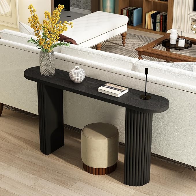 55" Fluted Console Table with Solid Wood Legs, Long Farmhouse Entryway Table with Rounded Corners, Morden Sofa Tables Behind Couch for Foyer, Entrance, Living Room, Hallway, Black