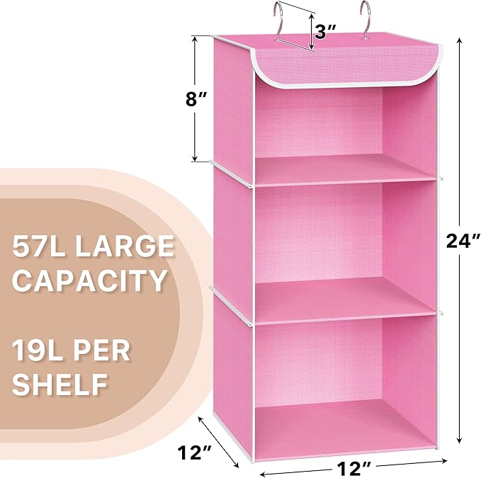 Simple Houseware 3-Shelf Hanging Closet Organizer, Fabric Storage Shelves with 57L Capacity, Pink