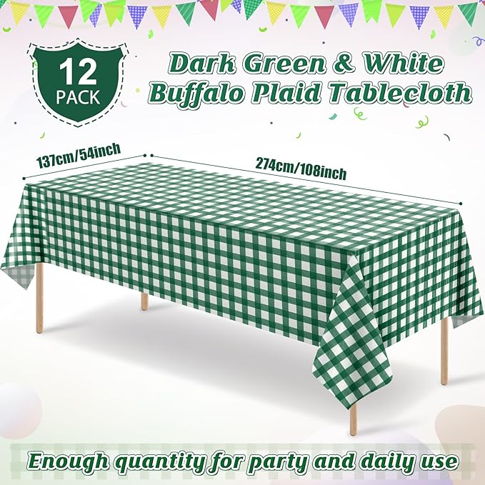 12Pack Dark Green Plastic Checkered Tablecloth, Premium Decorative Disposable Green Gingham Plaid Table Cloths for Parties, Rectangle Party Table Cover for Picnic Farm Birthday Wedding, 54x108 Inch