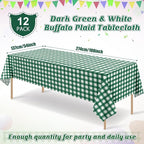 12Pack Dark Green Plastic Checkered Tablecloth, Premium Decorative Disposable Green Gingham Plaid Table Cloths for Parties, Rectangle Party Table Cover for Picnic Farm Birthday Wedding, 54x108 Inch