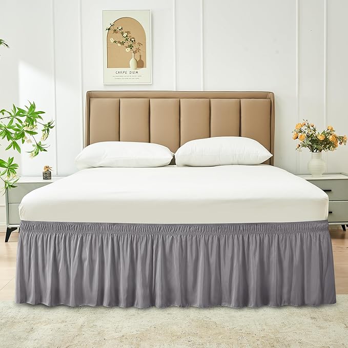 Biscaynebay Wrap Around Bed Skirts for Twin & Twin XL Beds Long Drop of 18", Silver Grey Adjustable Elastic Dust Ruffles Easy Fit Wrinkle Resistant Silky Luxurious Fabric Machine Washable