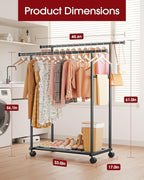 Sakugi Double Rods Clothes Rack - Metal Clothing Rack with Fixed Double Rods, Rolling Wheels & Built-In Shelf for Closet, Bedroom, Laundry Storage (45.6" x 17" x 61", Black)