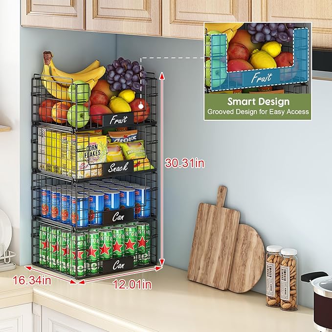 JKsmart 4 Pack XXL Stackable Wire Baskets with Handles for Pantry Storage and Organization,Fruit and Vegetable Basket with Name Plates,Metal Storage Bins for Snack Can Fruit Veggies