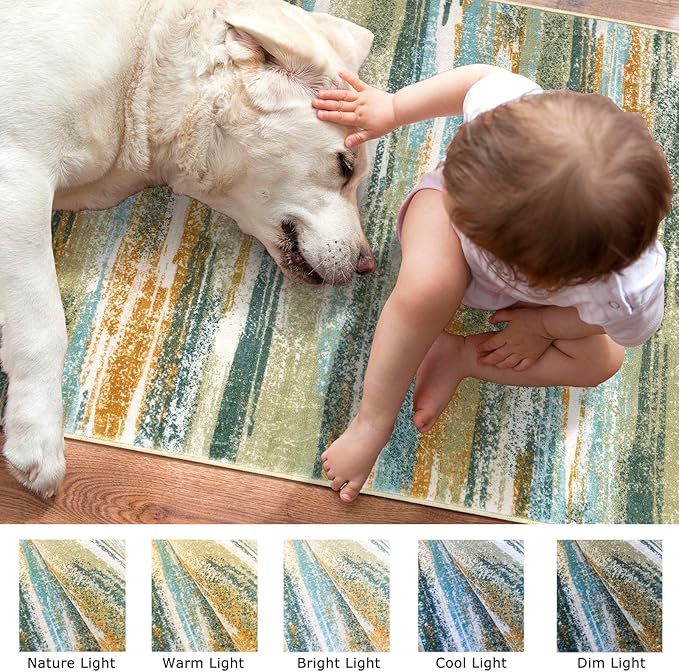 Modern Abstract Small Area Rug Indoor 3x5 Washable Rug Non-Slip Soft Entryway Rug Green Mustard Multi Kitchen Mats Thin Print Faux Wool Floor Carpet Throw Rugs for Entrance Bedroom Home Decor
