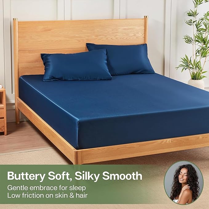 MR&HM Fitted Sheet & Pillowcase Set Queen, 3-Piece Blend Rayon Derived from Bamboo, Silky Soft & Breathable, 15" Deep Pocket with Elastic Straps, Cooling Sheets for Hot Sleepers, Navy Blue