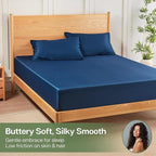 MR&HM Fitted Sheet & Pillowcase Set Queen, 3-Piece Blend Rayon Derived from Bamboo, Silky Soft & Breathable, 15" Deep Pocket with Elastic Straps, Cooling Sheets for Hot Sleepers, Navy Blue