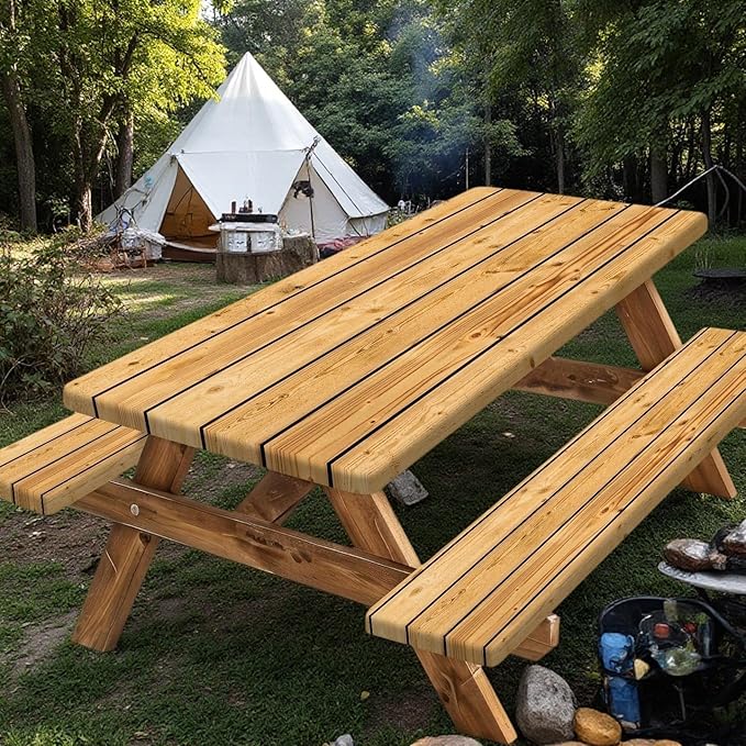 Rustic Brown Wooden Board Picnic Table Cover with Bench Covers, Farmhouse Rural Country Wood Waterproof Tablecloth for Patio Camping Indoor Outdoor Party Decorations with Drawstring Bag, 30X72in, 3PCS
