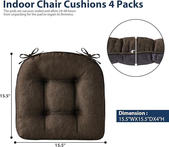 Chair Cushions for Dining Chairs, Seat Cushions for Kitchen Chairs, Indoor Seat Cushions with Ties, Tufted Foam Chair Pads, Non Slip Chair Cushions Set of 6, 15.5" x 15.5" x 4", Brown