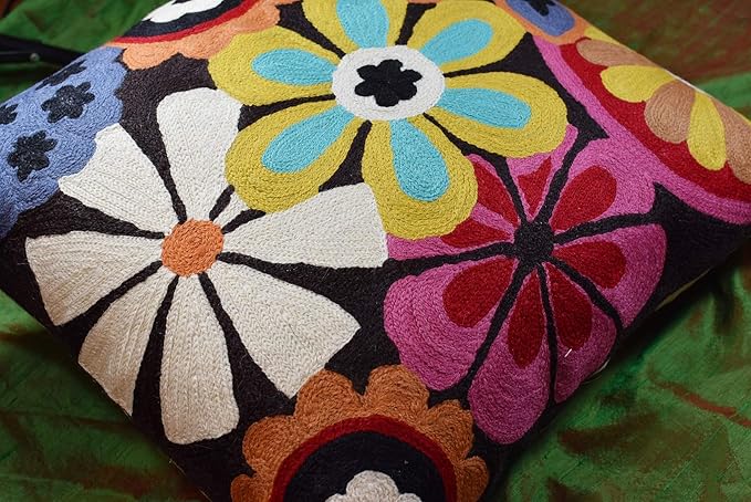Modern Black Daisy Floral Pillow Cover Accent Flower Traditional Pillowcase Hand Embroidered Florals Couch Pillowsham Boho Outdoor Cushion Suzani Accent Pillow Wool 18x18 Inch