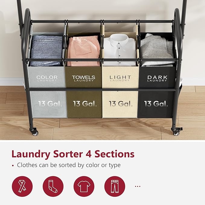 Tajsoon Laundry Sorter Cart with Hanging Clothes Rack, 4 Butler Sorter Basket Organizer, Laundry Hamper Cart with Heavy Duty Rolling Lockable Wheels, 4 Colors