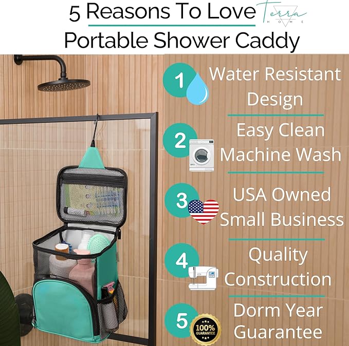 Original Shower Caddy For College Dorms- Travel Shower Caddy - Dorm Organizer Bag - Large Capacity, Quick Dry and Water Resistant with Metal Hook - Portable and Foldable Bag for Gym and Travel (Aqua)