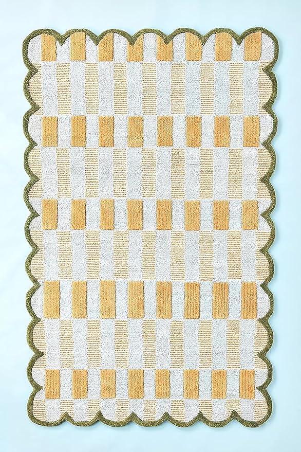 Hand-Tufted Wool Rug with Scalloped Edges, Light Blue Plaid Pattern, Cozy Soft Area Rug for Living Room, Bedroom, and Nursery, Handmade Modern Accent Rug (Blue, 4X7 FEET)