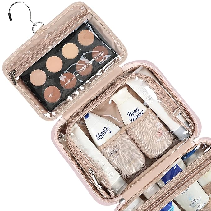 NISHEL Travel Toiletry Bag for Women, Makeup Essentials Organizer, Hanging Case for Accessories, Cosmetics, Medium Size, Pink
