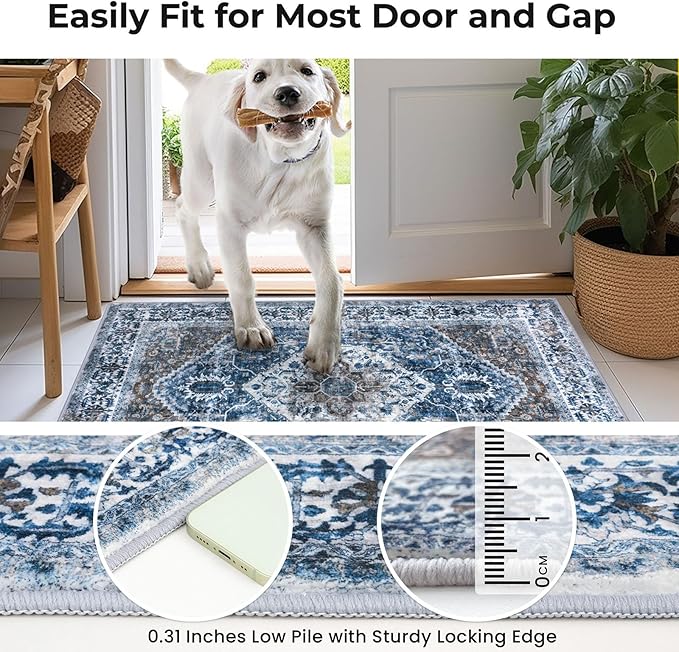KOZYFLY Runners for Hallways 2x6 Ft Washable Kitchen Runner Rug Boho Runner Rug for Entryway Indoor Blue Printed Oriental Faux Wool Floor Carpet Runner for Bedroom Kitchen Hall