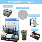 Desk Organizers Caddy and Accessories with 7 Compartments + Pen Holder / 72 Clips Set, Drawer, Black Mesh Office Supplies Desktop Organizer for Home, Office Ect