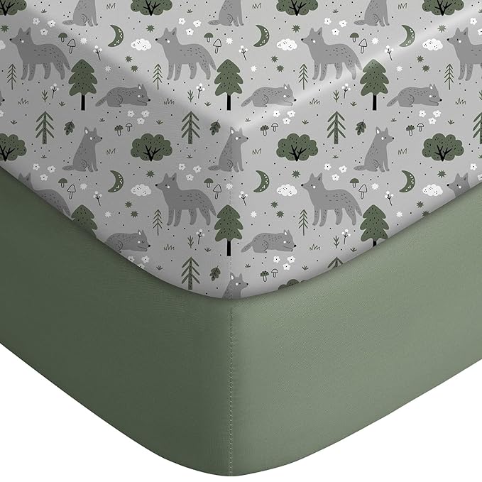 Yoofoss Pack and Play Sheets Fitted, Mini Crib Sheets 2-Pack for Pack N Play Mattress, Stretchy Playard Sheet, Soft and Breathable Gray-Green+Fox