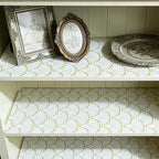 Shelf Liners Non Adhesive Gold Background White Fan-Shaped Pattern - Thickened Non-Slip Easy to Clean Drawer Liner for Kitchen Cabinets, Tool Box,Refrigerator,with Knife & Tape Measure,12in x 10FT