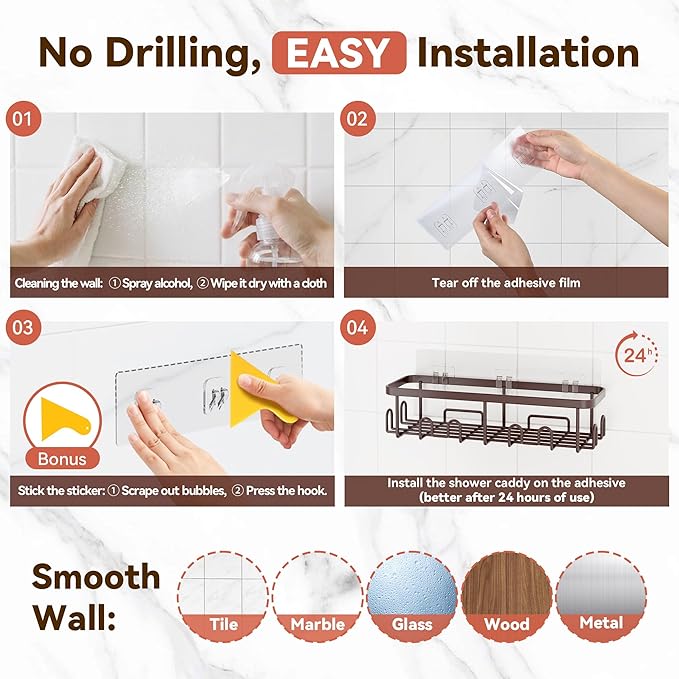 YASONIC Shower Caddy Adhesive 5-Pack, Rustproof Shower Organizer with Holder, No Drilling Shower Shelves for Inside Shower, Large Capacity Bathroom Organizers and Storage for Home & Renters, Bronze